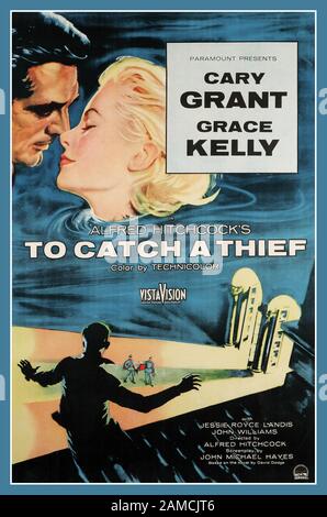 Vintage Movie Film Poster To Catch a Thief (1955) Starring Cary Grant and Grace Kelly. Directed by Alfred Hitchcock To Catch a Thief is a 1955 American romantic thriller film by Paramount Pictures in VistaVision Stock Photo