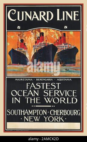 Vintage CUNARD LINE 1914 Poster Cunard Ocean Liners by Odin Rosenvinge (1880-1957)  CUNARD LINE, ‘FASTEST OCEAN SERVICE IN THE WORLD’  MAURETANIA, BERENGARIA, AQUITANIA  lithograph in colours, c.1914, printed by Turner & Dunnett Ltd., London, Stock Photo