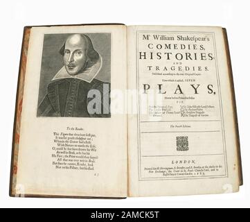 Shakespeare's First Folio 17th Century Title page with Portrait of William Shakespeare. Shakespeares Comedies, Histories, & Tragedies. Published according to the true original copies. London, Printed by Isaac Iaggard, and Ed. Blount, engraving by artist Martin Droeshout, 1623 The Droeshout portrait or Droeshout engraving is a portrait of William Shakespeare engraved by Martin Droeshout as the frontispiece for the title page of the First Folio collection of Shakespeare's plays, published in 1623. It is one of only two works of art definitively identifiable as a depiction of the poet. Stock Photo