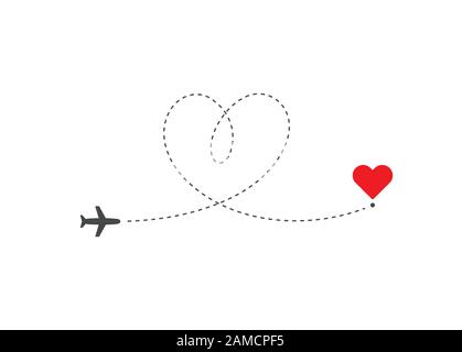 Heart shaped airplane flying on love route to destination in heart shape. Way to heart symbol. Isolated vector illustration for Valentines Day. Stock Vector