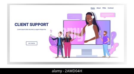 african american woman helpline operator with headset consulting mix race customers technical client support concept female consultant answers questions horizontal copy space vector illustration Stock Vector