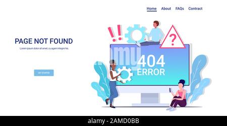 mix race people using computer app 404 page not found concept internet connection problem message on monitor screen website under construction horizontal copy space full length vector illustration Stock Vector