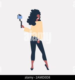 woman using selfie stick african american girl taking photo on smartphone camera social media network blogging concept full length vector illustration Stock Vector