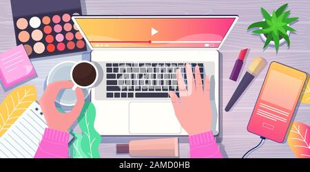 beauty blogger hands using laptop at workplace smartphone cosmetics coffee cup on desk social media network blogging concept top angle view horizontal vector illustration Stock Vector