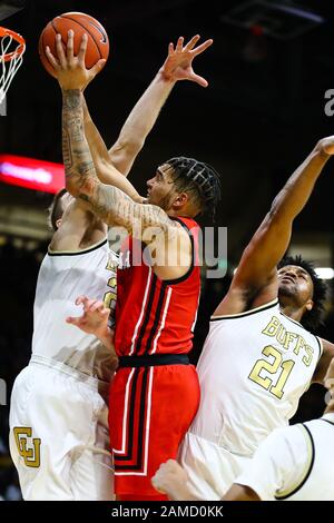 January 12, 2020: Utah Utes forward Timmy Allen (1) drives for a contested layup in the men's basketball game between Colorado and Utah at the Coors Events Center in Boulder, CO. Colorado raced out to a 26-7 lead in the first half. Derek Regensburger/CSM. Stock Photo