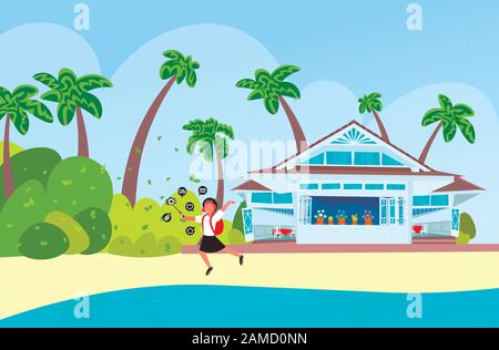 travel blogger using camera on selfie stick woman with backpack on tropical island taking photo or video blogging live streaming summer vacation concept landscape background horizontal full length vector illustration Stock Vector