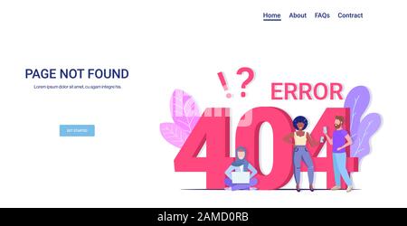 people using gadgets online app 404 page not found concept internet connection problem message website under construction horizontal copy space full length vector illustration Stock Vector