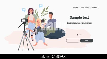 bloggers group recording video blog with digital camera on tripod people streaming live social media network blogging concept horizontal full length copy space vector illustration Stock Vector