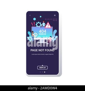 mix race people using computer app 404 page not found concept internet connection problem message on monitor website under construction smartphone screen mobile application copy space full length vector illustration Stock Vector
