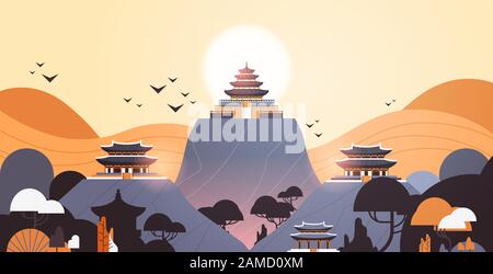 pagoda buildings in traditional style pavilions architecture asian scenery landscape background horizontal vector illustration Stock Vector