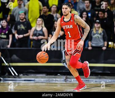 January 12, 2020: Utah Utes forward Timmy Allen (1) brings the ball up the court in the first half of the men's basketball game between Colorado and Utah at the Coors Events Center in Boulder, CO. Colorado raced out to a 26-7 lead in the first half. Derek Regensburger/CSM. Stock Photo