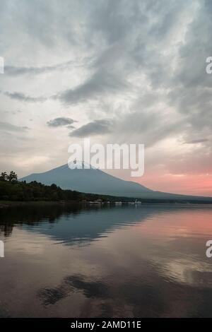 Mt. Fuji over Lake Yamanaka at Dusk Stock Photo