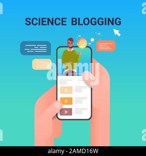 hands using smartphone with astronomy scientist blogger on screen man giving educational training about solar system live streaming blogging concept portrait online mobile app vector illustration Stock Vector