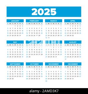 Simple Vector Calendar 2025. Weeks start on Sunday Stock Vector