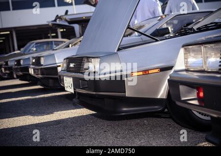 Adelaide, Australia - December 29, 2012: DeLorean DMC-12 cars lineup parked near shopping centre and ready for street cruise on a day Stock Photo