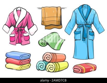 Towels and bathrobes set Stock Vector