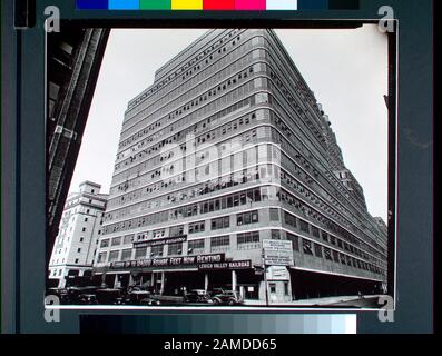 Starrett-Lehigh Building, 601 West 26th Street, Manhattan  Code: I.A.3. Looking up at building from 27th and Eleventh Ave., signs for rental office, etc.; B & O warehouse; camera has been used to change perspective. Citation/Reference: CNY# 86; Starrett-Lehigh Building, 601 West 26th Street, Manhattan. Stock Photo