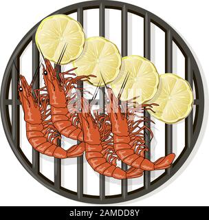 Prawn or tiger shrimp grilliing  / bbq vector illustration isolated on white background Stock Vector