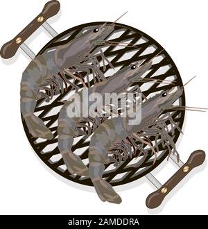 Prawn or tiger shrimp grilliing  / bbq vector illustration isolated on white background Stock Vector