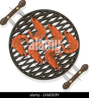 Prawn or tiger shrimp grilliing  / bbq vector illustration isolated on white background Stock Vector