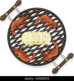 Prawn or tiger shrimp grilliing  / bbq vector illustration isolated on white background Stock Vector