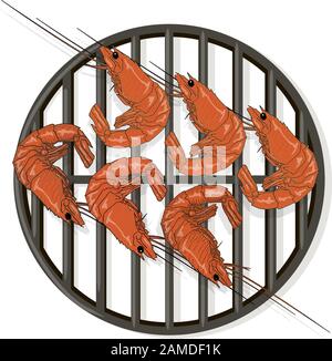 Prawn or tiger shrimp grilliing  / bbq vector illustration isolated on white background Stock Vector