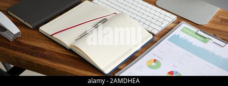 Empty business office with stationery lie on wooden Stock Photo
