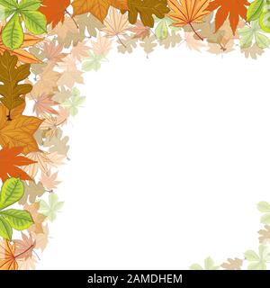 Vector illustration of autumn composition. Frame made of colorfull dried leaves. Autumn, fall concept.Top view,  Flat lay. Stock Vector