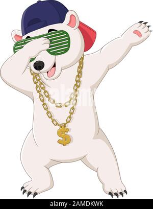 Cute polar bear dabbing dance wearing sunglasses, hat, and gold necklace Stock Vector