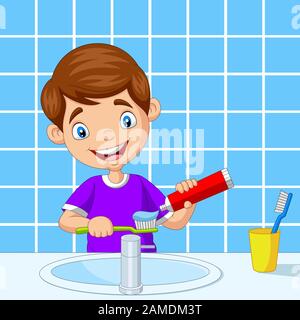 Cute little boy brushing teeth in bathroom Stock Vector