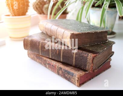 Three vintage books on a windowsill in the sunlight Stock Photo