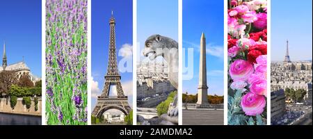 Set of vertical banners with famous landmarks of Paris, capital of France. Eiffel tower, Notre Dame Cathedral, Egyptian Luxor obelisk on Place de la C Stock Photo