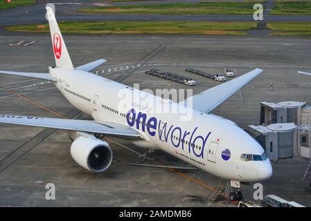 Tokyo, Japan - Nov 2, 2019. JA708J Japan Airlines Boeing 777-200ER (Oneworld livery) taxiing on runway of Tokyo Haneda Airport (HND). Stock Photo