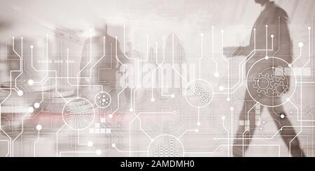 Electronic circuit board processor and gears on abstract business background. Stock Photo