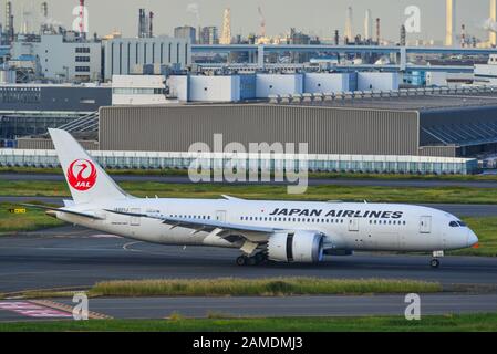 Tokyo, Japan - Nov 2, 2019. JA821J Japan Airlines Boeing 787-8 Dreamliner taxiing on runway of Tokyo Haneda Airport (HND). Stock Photo