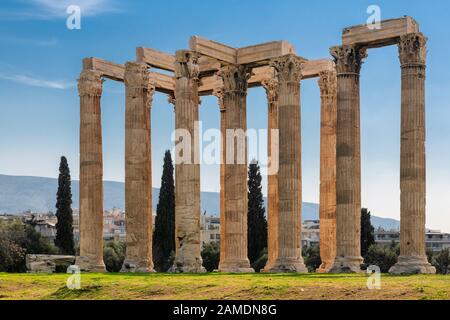 Antique columns ruins of Temple of the Olympian Zeus in Athens, Greece. Stock Photo