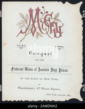 THIRD ANNUAL BANQUET (held by) FRATERNAL UNION OF ANOINTED HIGH PRIESTS OF THE STATE OF NEW YORK (at) RICCADONNA'S, NEW YORK, NY ((REST);)  DECORATED WITH GOLD LEAVES AND MENU EMBOSSED; INCLUDES OFFICERS AND DETAILS OF PROGRAM; THIRD ANNUAL BANQUET [held by] FRATERNAL UNION OF ANOINTED HIGH PRIESTS OF THE STATE OF NEW YORK [at] RICCADONNA'S, NEW YORK, NY ((REST?);)