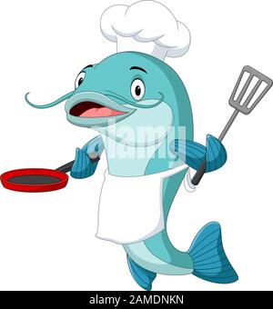 Cartoon catfish chef holding a frying pan and spatula Stock Vector