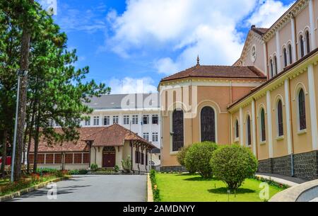 View of St. Nicholas Cathedral in Dalat, Vietnam. Dalat looks somewhat like a cross between Vietnam and rural France. Stock Photo
