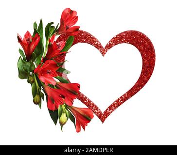 Red alstroemeria flowers and glitter heart isolated on white background Stock Photo