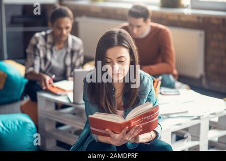 Dark-haired student feeling concentrated while studying Chinese Stock Photo