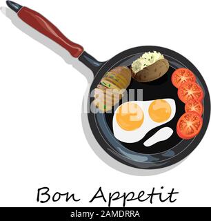 Fried egg, sliced tomato and baked potato. Vector illustration of food on cast iron pan and white background. Stock Vector