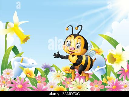 Cartoon bee sitting on flower and waving hand Stock Vector