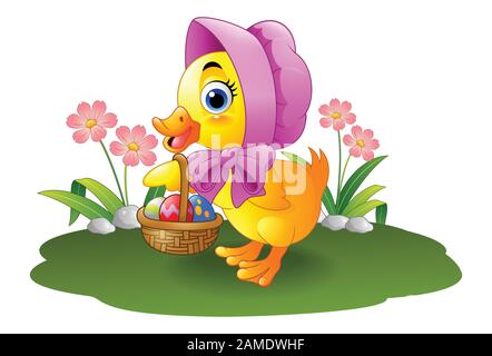 Cartoon baby duck carrying decorated egg Stock Vector
