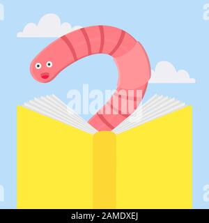 Cartoon style earthworm with book vector illustration isolated on white background. Funny worm with glasses read a book. Stock Vector