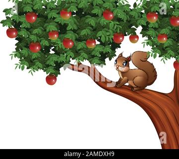 Cartoon squirrel on apple tree Stock Vector