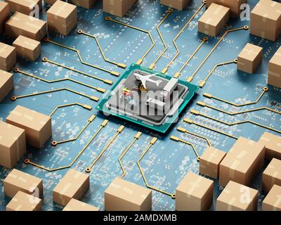 Large group of cardboard boxes connected to microchip. 3D illustration. Stock Photo