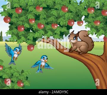 illustration of Cute squirrel on the apple tree Stock Vector