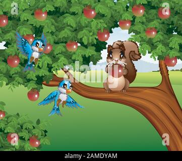 Cartoon squirrel on the apple tree Stock Vector