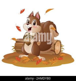 Cartoon funny squirrel holding pine cone in the autumn weather Stock Vector